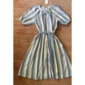 NWT Wonderly Striped Cotton Gauze Midi Dress Button Up Pastel Colors Belted